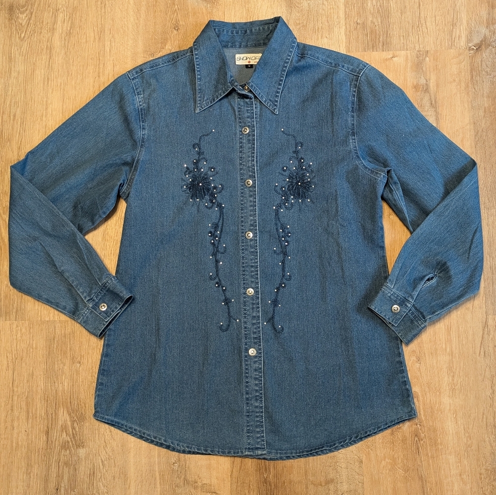 Vintage Show Off Embroidered Denim Bedazzled Button Up Snap Shirt 10